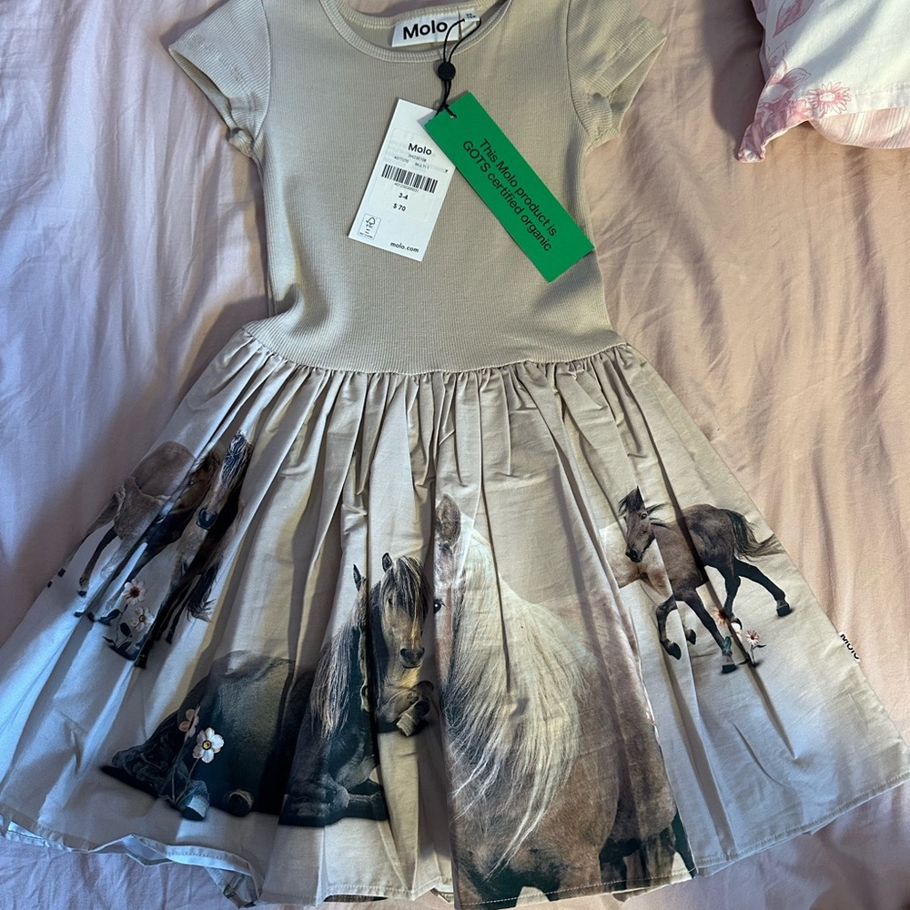 Molo Kids Dress with Horse Print - Beige and Brown